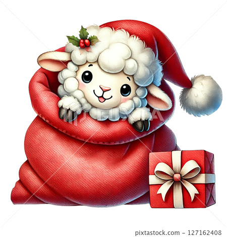 A cute sheep wearing a Santa hat, peeking from a red sack. A cute sheep wearing a Santa hat, peeking from a red sack. 127162408