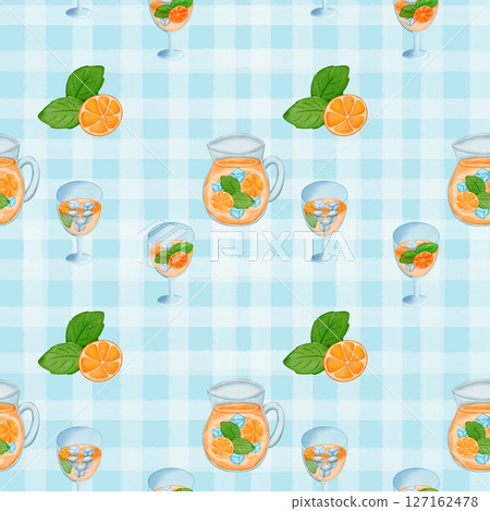 Seamless pattern with summer picnic and Orange Juice on pastel Blue 127162478