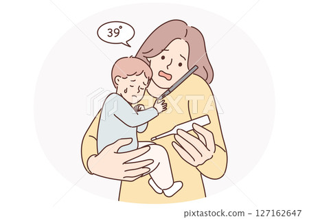 Woman with sick baby holding thermometer and calling pediatrician doctor or calling ambulance 127162647