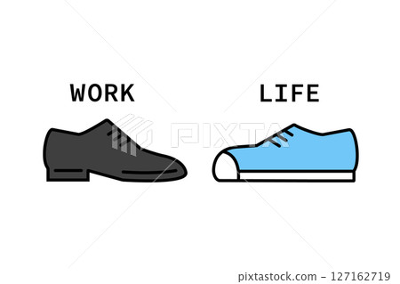 Illustration of leather shoes and sneakers facing each other - Work-life balance image 127162719