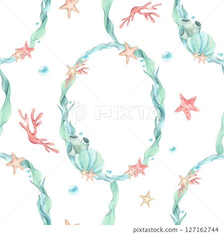 Seamless pattern frame algae, seaweed, starfish, seashell, sea sponges, underwater bubbles. Watercolor illustration mint turquoise coral colors isolated from background. Wreath, template, sea theme 127162744