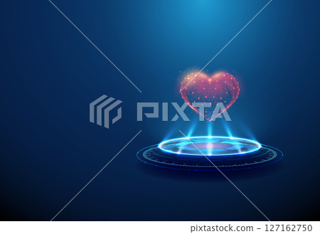 Heart shape on futuristic podium. Cardiovascular health, medical diagnostics, digital health, biomedical technology, charity donation concept. 127162750