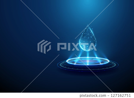 Water drop on futuristic podium. Clean water, environmental protection, water purification, sustainability concept. Glowing water symbol, sci-fi platform. 127162751