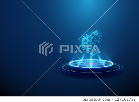 Blue gears on futuristic podium. Engineering, automation, machine intelligence, innovation concept. Glowing gear symbols, sci-fi platform. 127162752