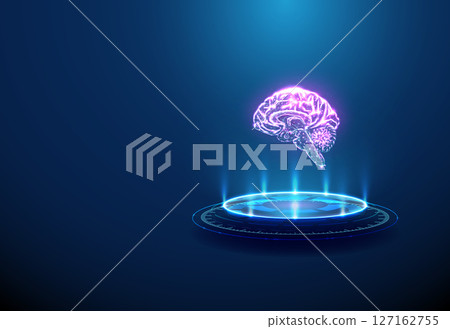 Human brain on futuristic podium. Artificial intelligence, neuroscience, cognitive technologies and brain-computer interface concept. 127162755