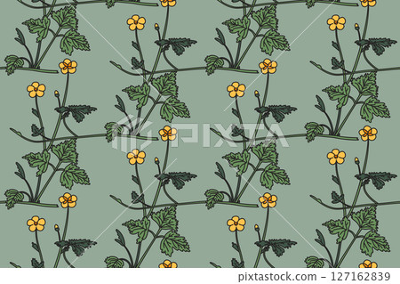 Botanical floral seamless pattern vector illustration.Repeating wildflowers plants whit yellow flowers Green leaves in pastel background. Graphic design for Fashion Wedding Textile Greeting Card Cover 127162839