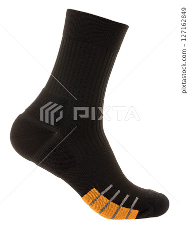 Black athletic sock with reinforced toe and heel isolated on white 127162849