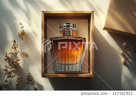 Glass perfume bottle featuring elegant gold detailing. Perfect for high-end perfume marketing. 127162921