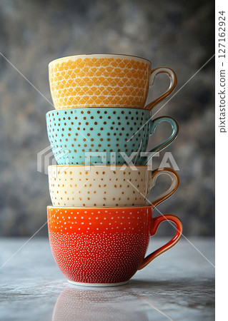 Stack of colorful cups with a pattern on a white background. Stack of colorful cups with a pattern on a white background. 127162924