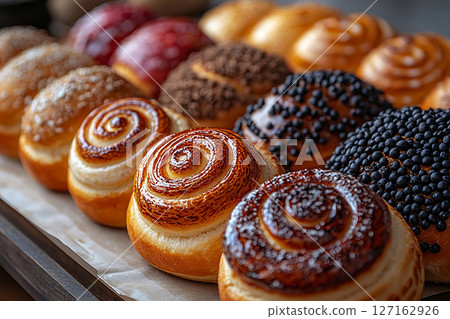 Bakehouse. Variety of baked snail-shaped buns in on a wooden trading tray on a white background. 127162926