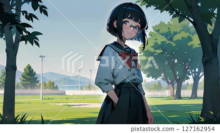 A high school girl with glasses in the park 127162954