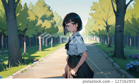 A high school girl with glasses in the park 127162955