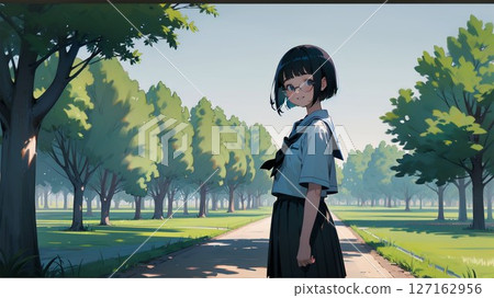 A high school girl with glasses in the park 127162956