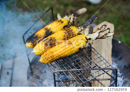 Grilled corn, camping, outdoor, barbecue, BBQ, family, parent and child 127162959