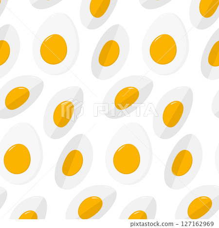 Hard boiled egg cut into halves and two quarters Minimalistic Seamless pattern Flat Food background Hard boiled egg cut into halves and two quarters Minimalistic Seamless pattern Flat Food background 127162969