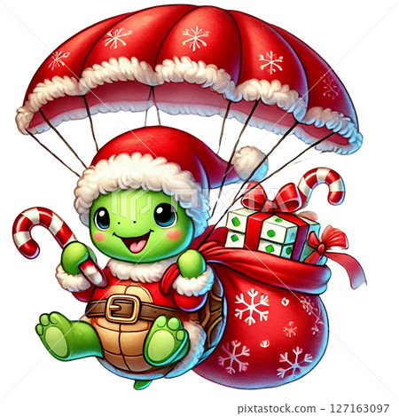 A festive turtle in Santa attire, parachuting with gifts. 127163097