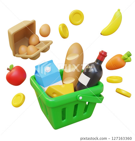 Budget Shopping Basket with Coins 3D Illustration Budget Shopping Basket with Coins 3D Illustration 127163360