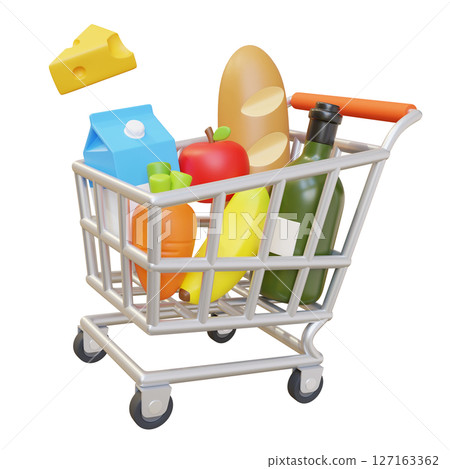 Supermarket Shopping Cart with Products 3D Illustration 127163362