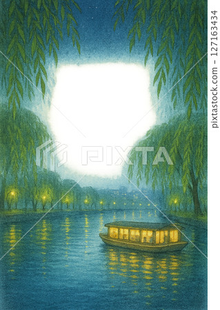Summer night frame of Nakagawa River sightseeing boat and willow trees Watercolor style illustration Transparent PNG 127163434