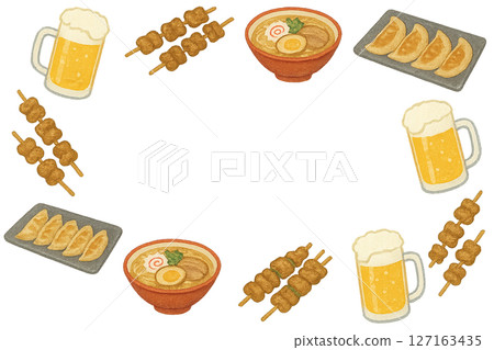 中洲小吃攤和啤酒的夏季框架水彩風格插圖透明PNG 127163435