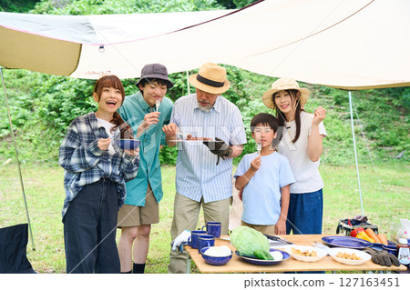 3 generations camping outdoor barbecue BBQ family colleagues friends 3 generations camping outdoor barbecue BBQ family colleagues friends 127163451