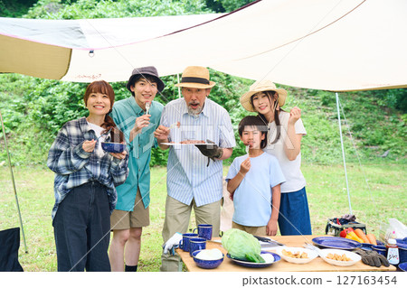 3 generations camping outdoor barbecue BBQ family colleagues friends 3 generations camping outdoor barbecue BBQ family colleagues friends 127163454