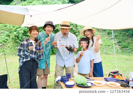 3 generations camping outdoor barbecue BBQ family colleagues friends 3 generations camping outdoor barbecue BBQ family colleagues friends 127163456