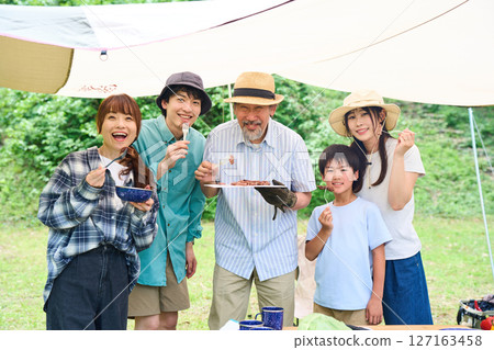 3 generations camping outdoor barbecue BBQ family colleagues friends 3 generations camping outdoor barbecue BBQ family colleagues friends 127163458