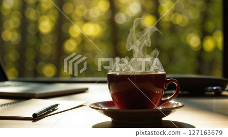 Hot coffee cup on table with morning sunlight bokeh 127163679