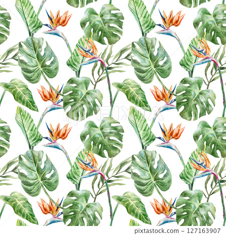 Green monstera leaves and strelitzia flowers seamless pattern. Hand drawn watercolor illustration isolated. For greeting cards, invitations, textiles, fabrics, wrapping paper, wallpapers, covers. Green monstera leaves and strelitzia flowers seamless pattern. Hand drawn watercolor illustration isolated. For greeting cards, invitations, textiles, fabrics, wrapping paper, wallpapers, covers. 127163907
