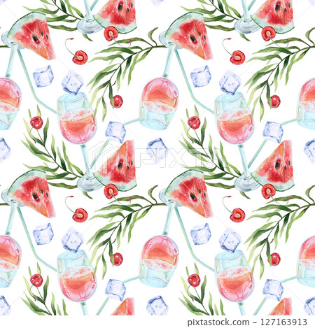 Tropical pink cocktail, ice cubes, watermelon, cherry, palm leaves seamless pattern. Hand drawn watercolor illustration isolated. For invitations, textile, fabric, wrapping paper, wallpaper, covers. Tropical pink cocktail, ice cubes, watermelon, cherry, palm leaves seamless pattern. Hand drawn watercolor illustration isolated. For invitations, textile, fabric, wrapping paper, wallpaper, covers. 127163913