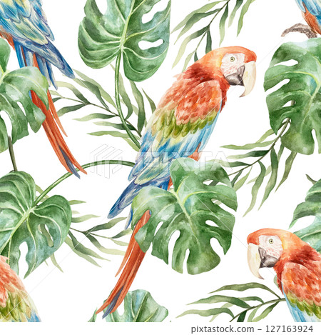 Macaw parrot and tropical leaves seamless pattern. Hand drawn watercolor illustration isolated on white. For greeting cards, invitations, textiles, fabrics, wrapping paper, wallpapers, covers. 127163924
