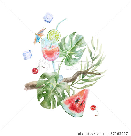 Tropical cocktail in a glass goblet with a straw, lime, ice cubes on a background of palm leaves and monstera. Watercolor illustration isolated. For cards, invitations, summer banners, posters, labels 127163927