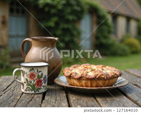 Rustic apple pie and milk on wooden outdoor table 127164010