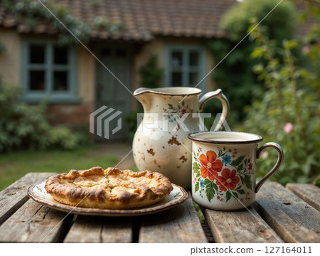 Homemade apple pie with milk in vintage countryside setting 127164011