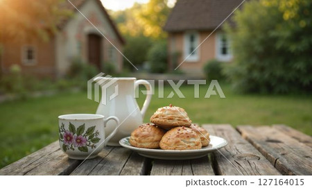 Cozy outdoor breakfast with pastries and drink 127164015