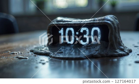 Surreal clock melting as time quietly slips away 127164017