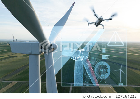 Industrial drone inspects wind turbines Industrial drone inspects wind turbines 127164222