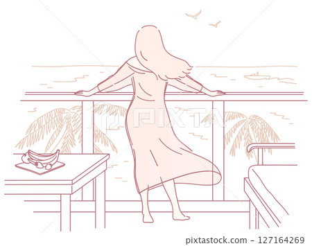 A Contemplative Woman is Enjoying a Breathtaking Scenic Ocean View from Her Balcony 127164269