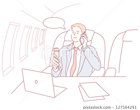 A successful businessman on a luxurious private jet, enjoying a drink and focusing on tasks A successful businessman on a luxurious private jet, enjoying a drink and focusing on tasks 127164291