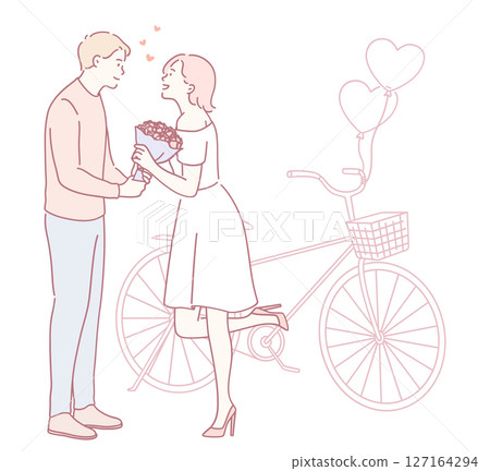 An Artistic Illustration of a Romantic Couple Riding a Bicycle Surrounded by Beautiful Flowers An Artistic Illustration of a Romantic Couple Riding a Bicycle Surrounded by Beautiful Flowers 127164294
