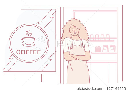 An Enchanting and Charming Coffee Shop Illustration Featuring a Friendly Barista at Work 127164323
