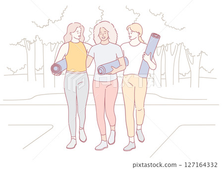 A group of friends joyfully enjoying a yoga class held outdoors on their colorful mats A group of friends joyfully enjoying a yoga class held outdoors on their colorful mats 127164332