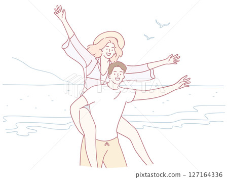 Enjoying a Joyful Beach Day with Closest Friends in a Wonderful Playful Moment Together Enjoying a Joyful Beach Day with Closest Friends in a Wonderful Playful Moment Together 127164336