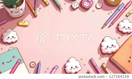 Cute Stationery Objects and Cartoon Clouds Frame Background Cute Stationery Objects and Cartoon Clouds Frame Background 127164339