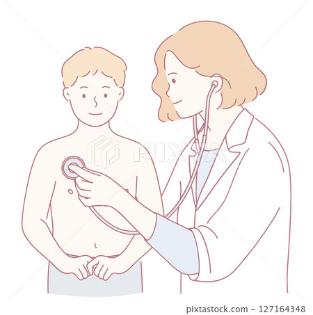 Pediatric Checkup Doctor Performing Examination on a Young Patient Using Stethoscope 127164348