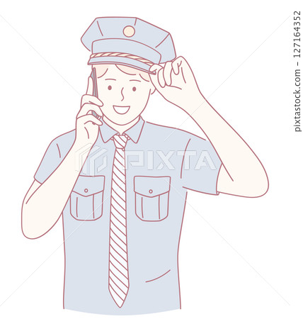 A Cheerful Policeman Engaging in a Friendly Phone Call to Assist the Community at Large 127164352