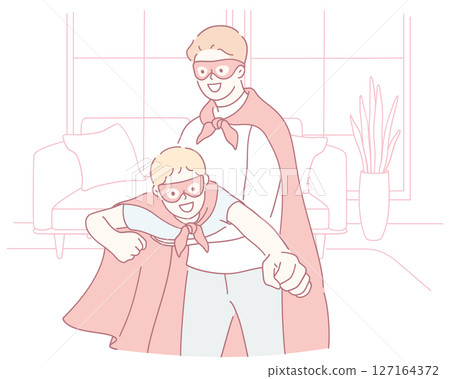 Superhero Dad and Son Creating Colorful Illustrations of Their Precious Bonding Moments 127164372