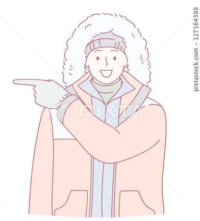 A Cheerful Character Dressed in Cozy Winter Apparel is Joyfully Pointing at Something A Cheerful Character Dressed in Cozy Winter Apparel is Joyfully Pointing at Something 127164388