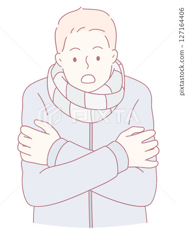 A person is shivering while wearing winter clothing that includes a cozy scarf for warmth 127164406
